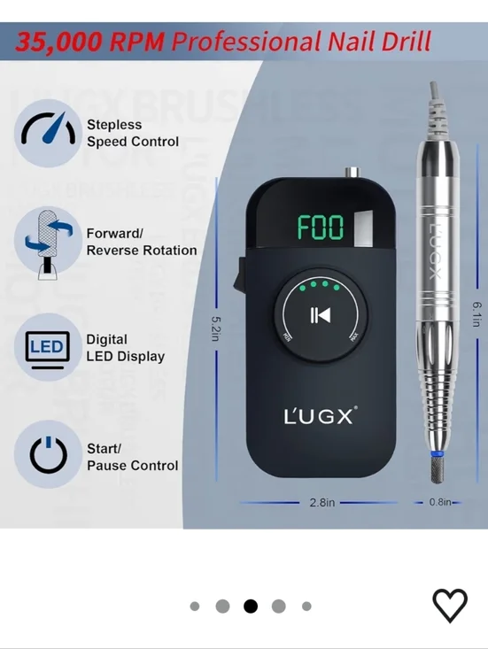 L'UGX Nail Drill 35000RPM Professional Brushless Electric Machine, Rechargeable - Picture 3 of 9